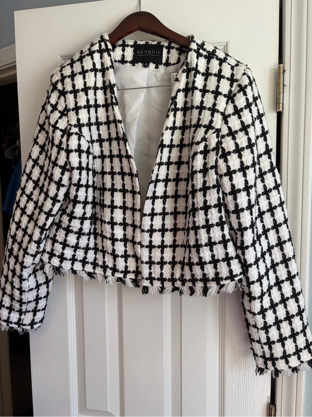 Eloquii Black and White Cropped Tweed Fringe Blazer